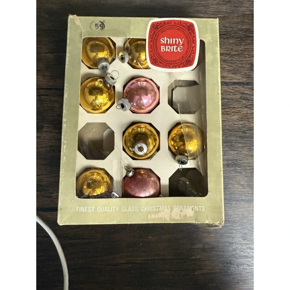 Vtg Shiny Brite Glass Christmas Tree Ornaments Mixed Original Box Of 8